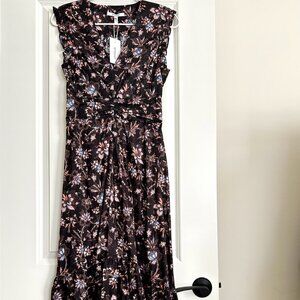 NWT DEREK LAM 10 CROSBY Sleeveless Floral Ruffle Midi Dress Black Multi Size 4